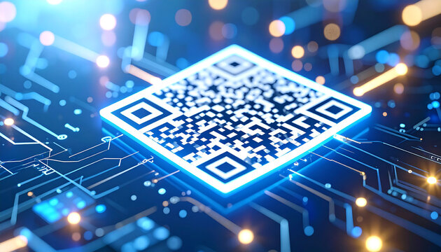 Digital QR Code: A glowing QR code pulses with digital energy, nestled amidst an intricate circuit board, symbolizing the cutting-edge fusion of technology and information transfer.