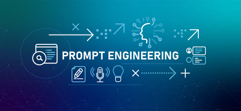 Prompt Engineering banner illustration of process communication with AI models search bar and microphone for voice input specialized skill of crafting effective inputs for artificial intelligence