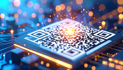 QR Code: A high-tech, close-up of a QR code, rendered in a futuristic digital scene. This dynamic depiction shows the intersection of technology and data in a visual manner. 