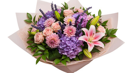 Obraz premium Beautiful bouquet of mixed flowers including pink lilies, purple hydrangeas, pink roses, and green foliage, perfect for gifts and special occasions
