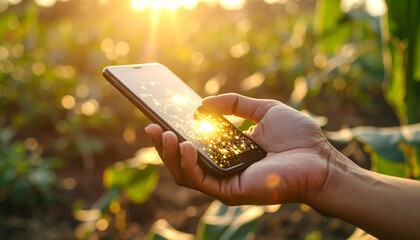 Embracing Digital Dawn: A hand delicately cradles a sleek smartphone, capturing a vibrant sunrise reflecting in its screen, symbolizing the integration of technology and the natural world. 