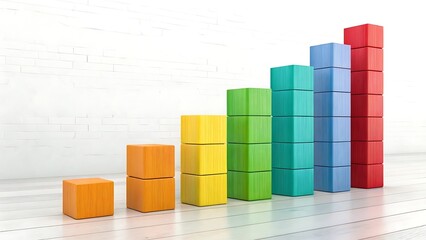 Colorful Stacked Blocks Forming Bar Graph with Upward Trend on White Brick Wall and Wooden Floor cube