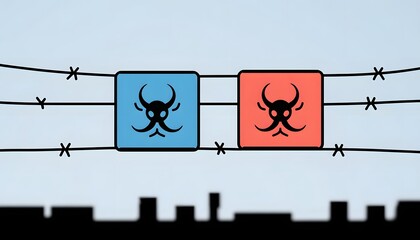 Biohazard Symbols on Barbed Wires Above City Skyline Representing Urban Danger and Global Threat