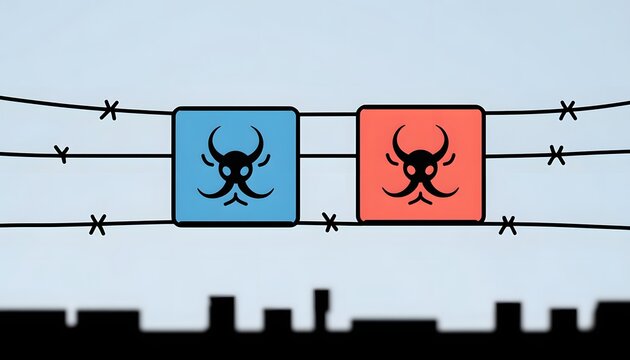 Biohazard Symbols on Barbed Wires Above City Skyline Representing Urban Danger and Global Threat