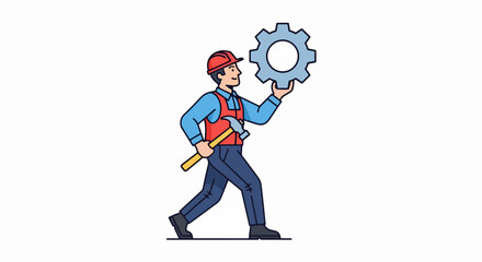 Focused Male Engineer Carrying Gear and Hammer.