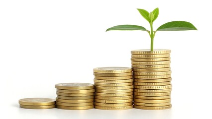 Stacks of gold coins increasing in height with a green sprout growing from the tallest stack money growth