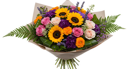 Naklejka premium Bright bouquet of sunflowers, roses, and mixed flowers with green leaves wrapped in paper, perfect for gifts and celebrations