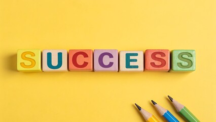 Colorful wooden blocks spelling out SUCES on a yellow background with pencils success achievement