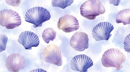 Elegant repeating shells and marine creatures in watercolor texture with coastal colors
