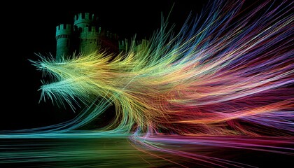 Vibrant Light Trails Forming a Dragon Creature and Castle on a Reflective Surface, Abstract Fantasy Digital Art