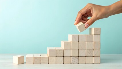Hand stacking wooden blocks to form a rising staircase against a light blue background building