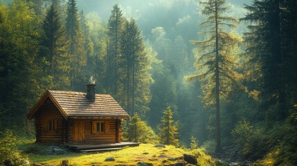 Secluded Wooden Cabin in Misty Mountain Forest Peaceful Nature Escape