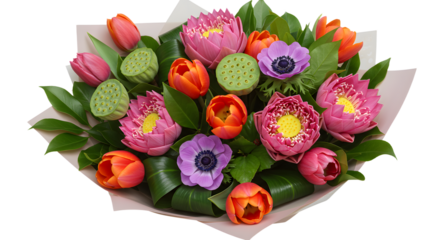 Bright mixed flower bouquet with pink lotus, orange tulips, and purple anemones, perfect for spring celebrations and gifts