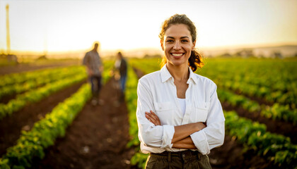 Mujer joven sonriente en campo agrícola con sol radiante representando agricultura sostenible, liderazgo femenino y optimismo