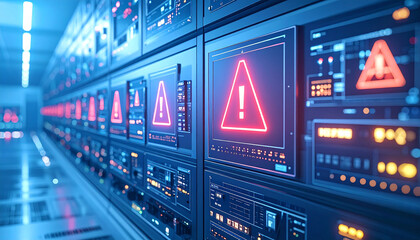 Server Room Alert: High-tech server room displays multiple red warning signs on monitoring screens, suggesting a critical system error.