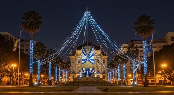 Night Illumination of Plaza Independencia Monument, Cordoba, Argentina