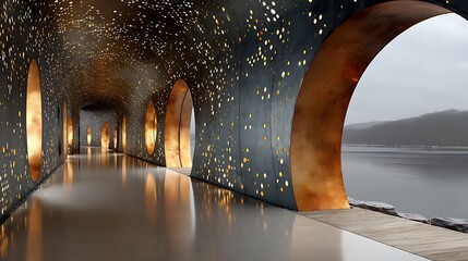 Modern Abstract Tunnel with Perforated Metal Design and Copper - Toned Arches, Isolated Background for Copy Space 