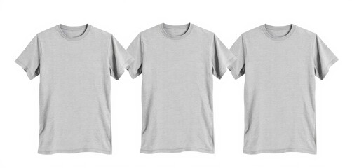Three heather grey blank t-shirts in different styles, isolated on white Ideal for mockup,  three shirts,  cotton