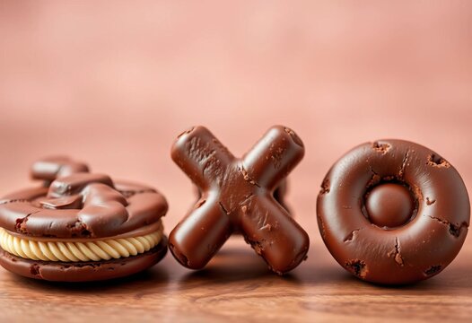 Three chocolate sandwich cookies arranged in an 'XO' pattern, top view, cookies