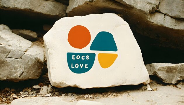 EOCS LOVE colorful abstract logo painted on a smooth white rock in a natural outdoor setting.