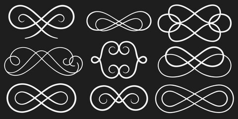 White decorative flourishes and infinity symbols on black background scroll swirl