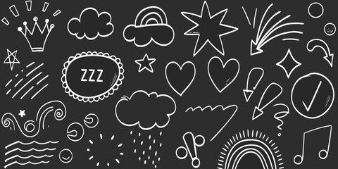 White Doodle Elements And Symbols On Black Background graphic illustration