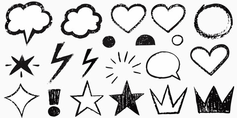 Hand Drawn Doodle Icons Speech Bubbles Hearts Stars Lightning Bolts Crowns thought bubble empty speech bubble