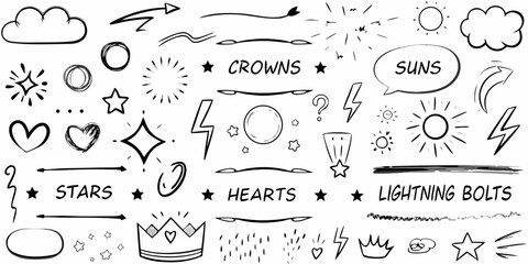 Doodle Elements Set With Words Hearts Stars Clouds Lightning Bolts And Suns hand drawn sketch