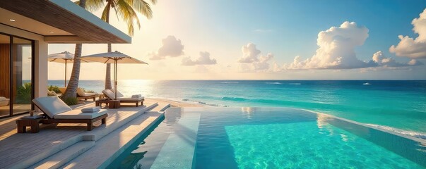 A lavish beachfront villa with infinity pool overlooking a turquoise ocean; sun loungers beckon on the pristine sand under a vibrant sky Perfect for a luxurious getaway , blue, vacation