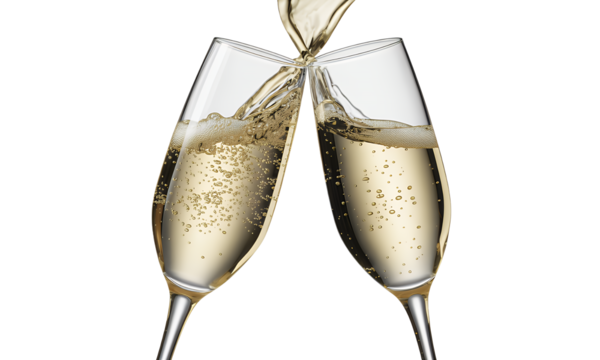 Two Champagne Flutes Toasting and Overflowing with Bubbly Drink