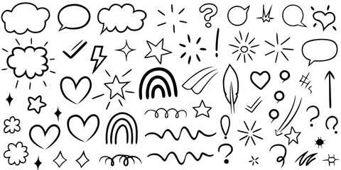 Black and White Doodle Elements Speech Bubbles Stars Hearts Sun Rainbows Clouds hand drawn