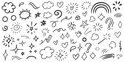 Collection of Hand Drawn Doodle Elements Stars Hearts Clouds Rainbows and Sparkles vector illustration