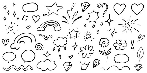 White hand drawn doodle elements including stars clouds hearts and flowers black background