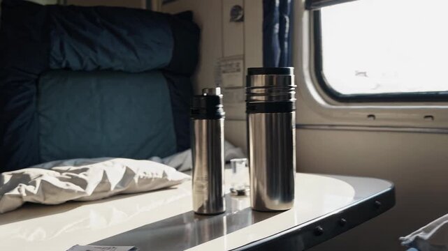 Sunlight streams through the window of a train compartment, illuminating thermoses and pillows on a small table, creating a cozy and relaxing atmosphere for passengers traveling by rail