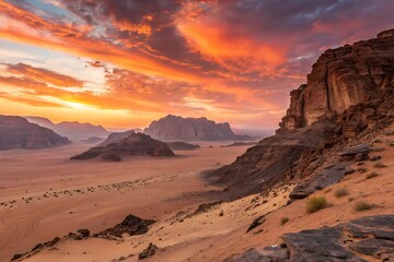 Naklejka premium Dramatic desert landscape at sunset with fiery orange sky