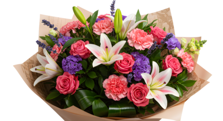 Colorful bouquet of pink roses, white lilies, and purple flowers wrapped in brown paper, perfect for weddings and special occasions