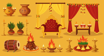 Hindu Puja Ritual Items with Traditional Decoration Vector