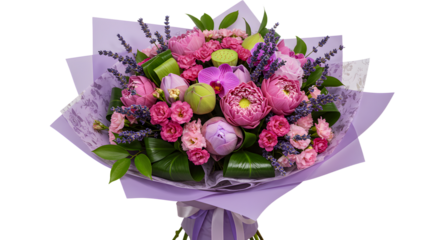 Beautiful pink peony and rose bouquet with green apples and lavender accents wrapped in lilac paper, perfect for weddings and romantic occasions