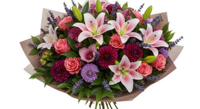 Beautiful mixed bouquet with lilies, roses, dahlias, and asters wrapped in brown paper, perfect for gifts and special occasions