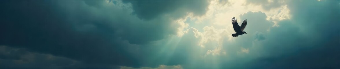 A lone bird in flight, wings outstretched against a dramatic, stormy sky, symbolizing the struggle and triumph of liberty ,  nature,  dark clouds,  avian