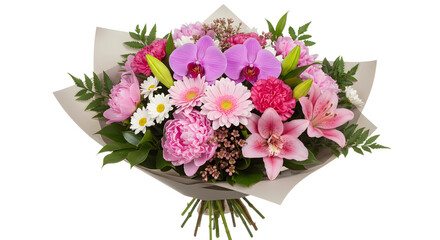 Bright mixed flower bouquet with pink orchids, lilies, daisies, carnations, perfect for weddings and special occasions