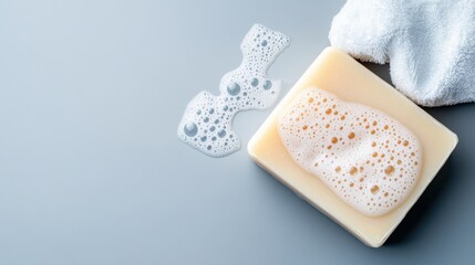 Flat lay of bar soap with frothy bubbles, refreshing cleanliness theme on gray-blue background