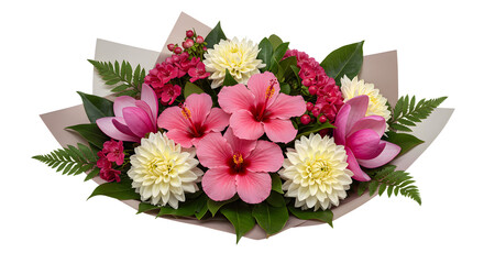 Bright tropical flower bouquet with pink hibiscus, white dahlias and magenta blooms on green leaves, isolated on white, perfect for summer decoration