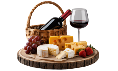 Wine and Cheese Still Life on Wooden Serving Board