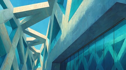 Abstract Geometric Concrete Architecture with Blue - Toned Minimalist Background for Copy Space