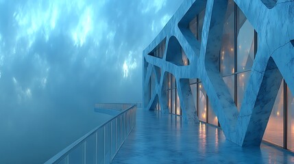 Modern Abstract Blue - Toned Architectural Balcony with Isolated Cloudy Background for Copy Space 