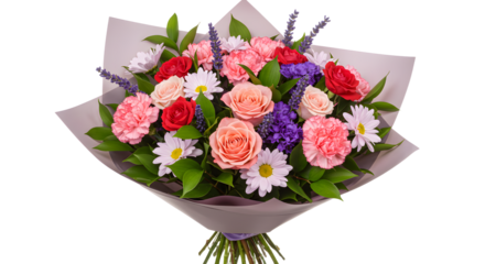 Colorful bouquet of fresh mixed flowers with roses, daisies, carnations and greenery, perfect for gifts and celebrations
