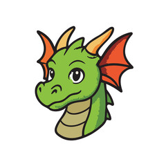 Cute Cartoon Style Head of Green Dragon with Orange Horns and Wings