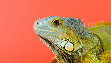 Fototapeta premium Close-up of a green iguana's head against a coral background