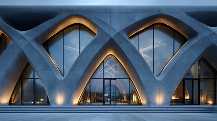 Modern Architectural Facade with Geometric Concrete Arches and Large Glass Windows, Minimalist Design for Copy Space, Isolated Background